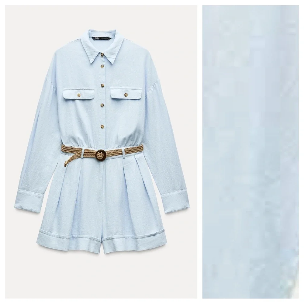 NWT. Zara Light Blue Linen Blend Belted Short Jumpsuit. Size XS.
